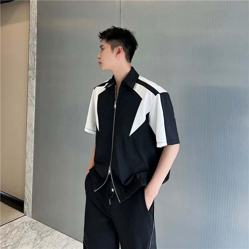 XS-6XL novo 2025 roupas masculinas femininas preto e branco design contrastante camisa com zíper duplo plus size trajes cantor