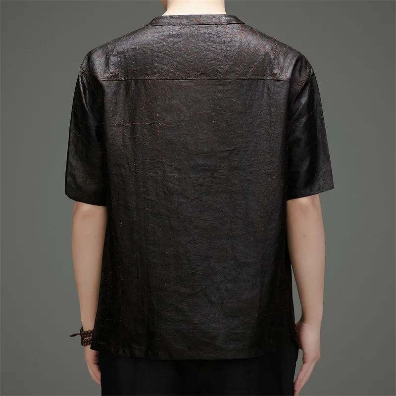 Lightweight V-Neck T Shirt For Men Short Sleeve Real Silk 100% Summer Quality Gambiered Canton Gauze Premium Camisetas De Hombre