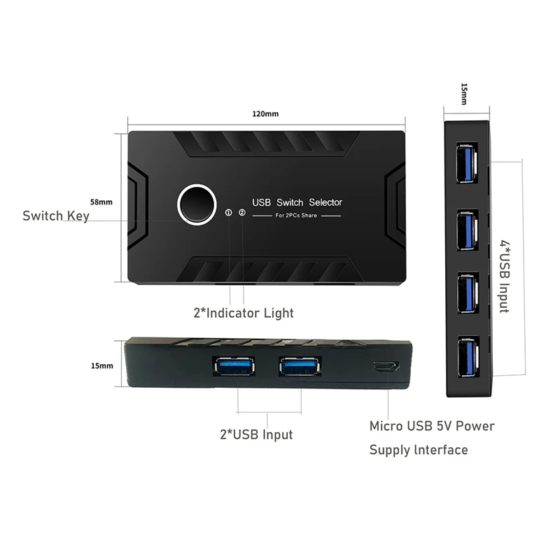 USB 3.0 KVM Switcher 2 In 4 Out USB 3.0 Switch USB Switch Controller Hub Adapter Black For Keyboard Mouse Printer Monitor