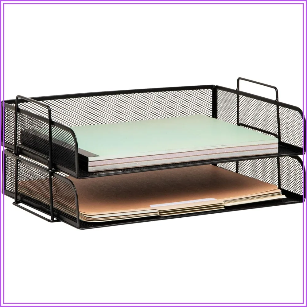 Stackable Paper Tray, Desktop Organizer, File Storage, Office, Metal Mesh, 2 Pcs, Black