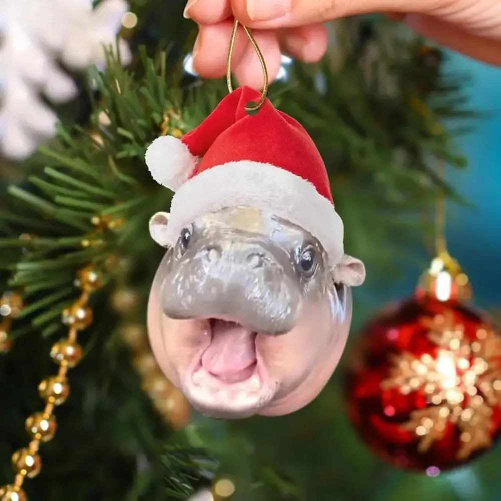 Christmas Pygmy Hippo Ornaments Set Acrylic Christmas Decorations Realistic Christmas Hippo Ornaments For Xmas Tree Car Pendant