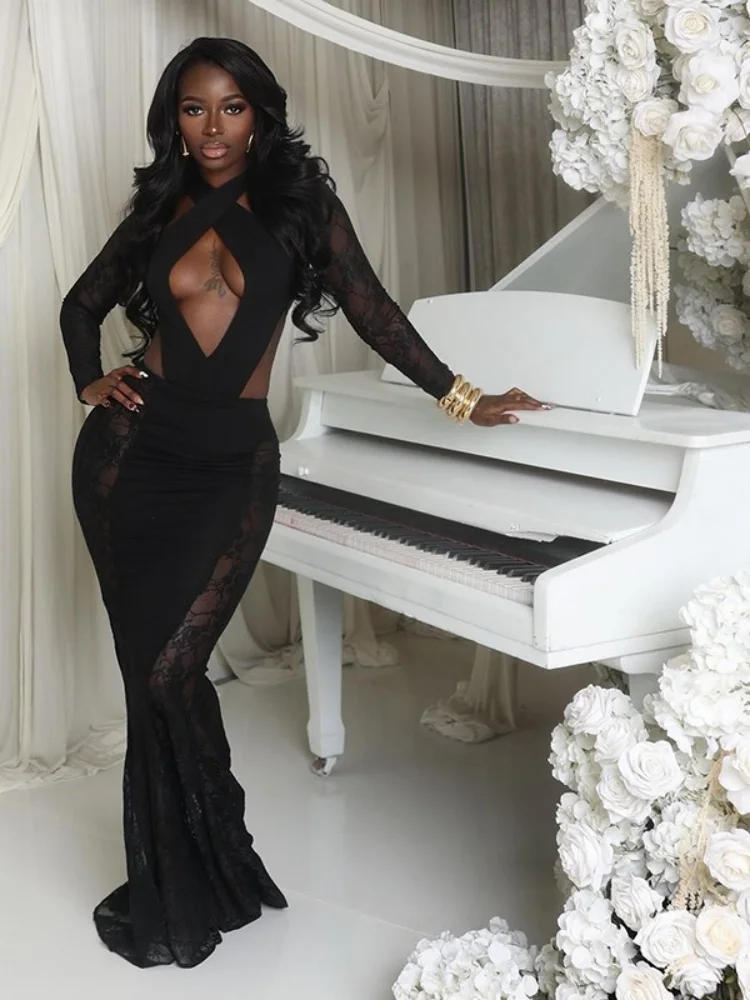 Wmstar vestidos para mulheres atacado vestido feminino sexy renda halter e cordão emparelhado manga comprida xale gota compras