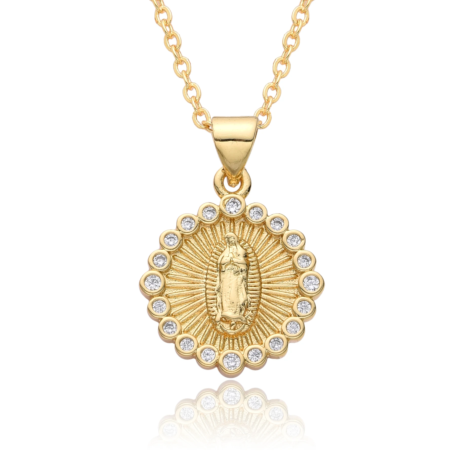 Gold Color Round Our Lady Baby Jesus Charms Cubic Zirconia Virgin Mary Necklace for Women Pendant Earrings DIY Jewelry Accessory