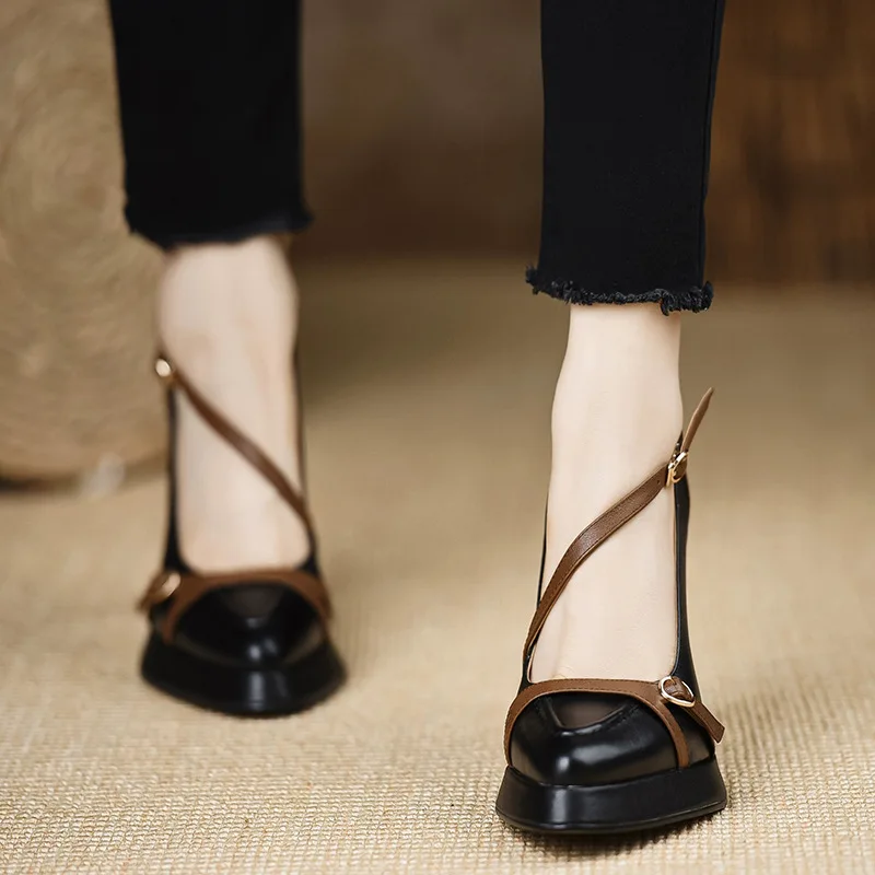 Retro Mixed Color Pointed Toe Elegant Women's High Heels Chunky Heel Ankle Strap Autumn Designer Pumps Ladies Office Formal Shoe