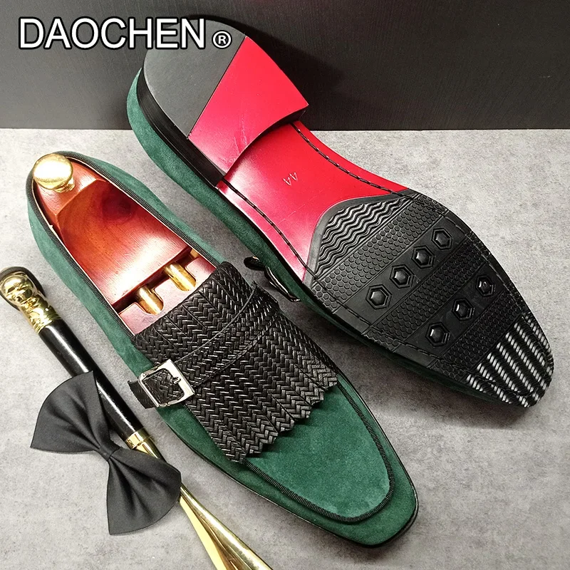 LUXURY MEN\'S LOAFERS SLIP ON BUCKLE STRAP SHOES CASUAL DRESS MAN SHOES TASSELS WEDDING BANQUET SUEDE LEATHER SHOES MEN