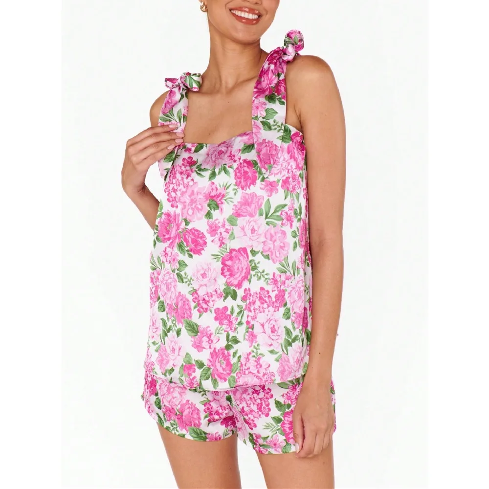 Womens Floral Pajama Sets Ruffle Trim Cami Top And Shorts 2 Piece Sleepwear Set Pjs