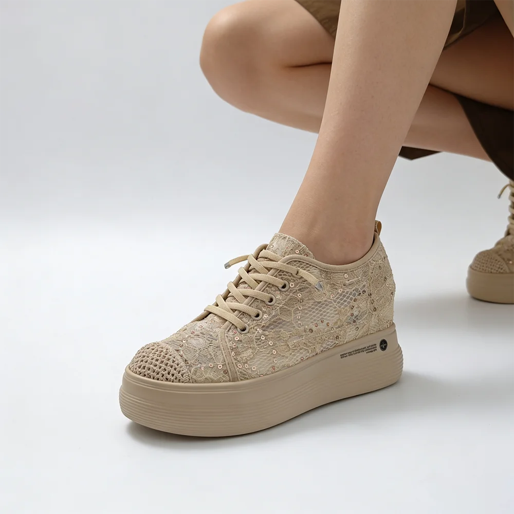 Spring Summer Lace Shoes Women Platform Sneakers Daily Party Sweet Ladies Casual Shoes Height Increasing 7cm D963