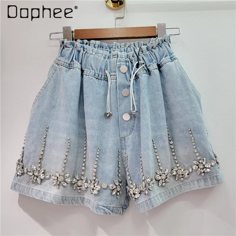 Exquisite Rhinestone Beaded High Waist Denim Wide Leg Shorts for Women 2024 Summer New Elastic Waist Loose Casual Denim Shorts