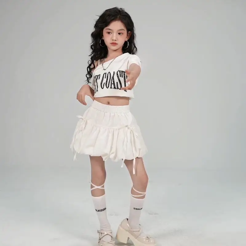 

Kawaii модный костюм для уличных танцев для девочек, жилет и юбка, комплект, студенческий танцевальный костюм, топы, комплект из 2 предметов, детская одежда