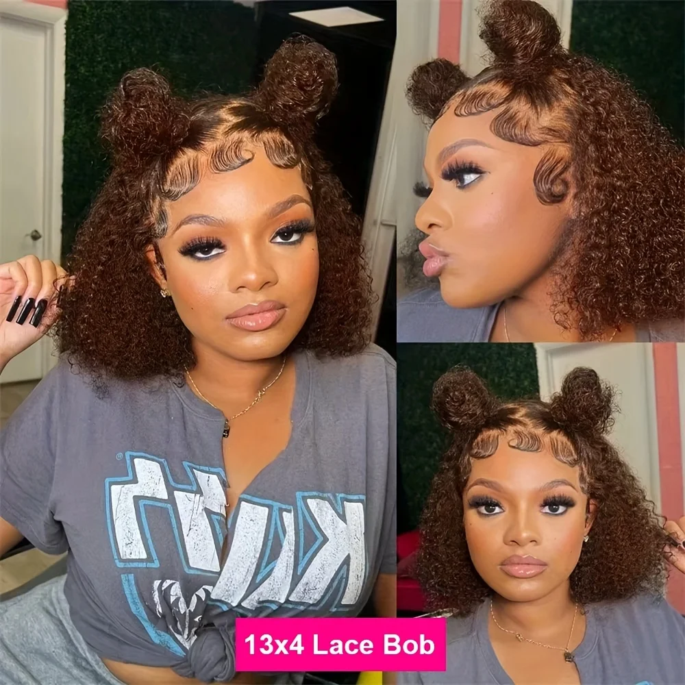 200% Density Chocolate Brown Bob Wig Human Hair 13x4 Deep Wave Lace Front Wigs #4 Color Curly Short Bob Wigs Lace Frontal Wigs image 2
