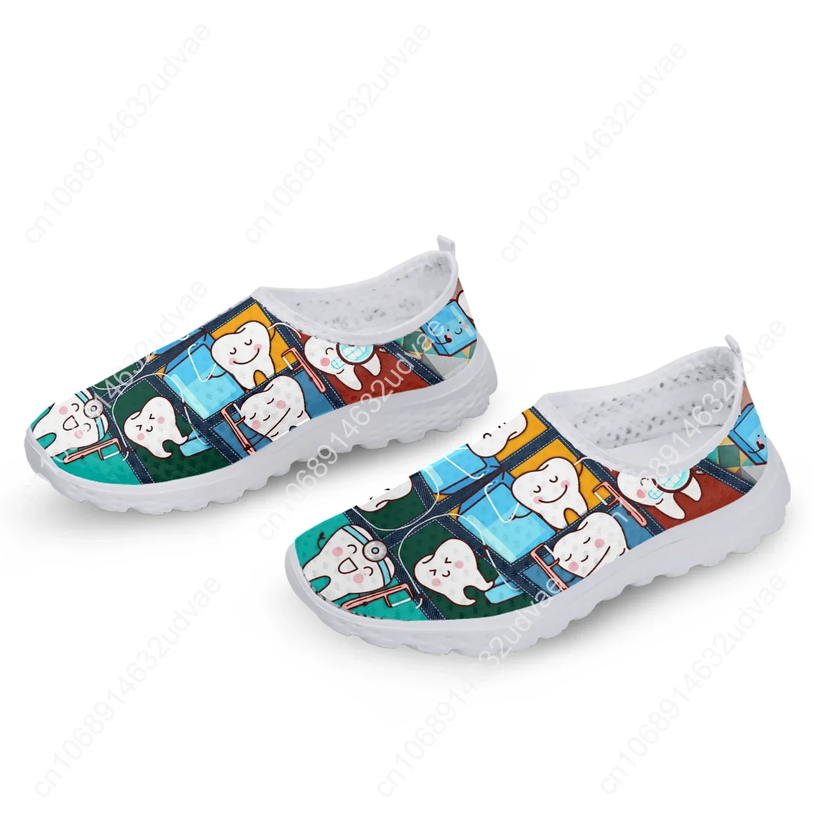 Funny Cartoon Teeth Print Women Summer Mesh Shoes White Soft Sole Brand Slip On Casual Sneakers Zapatos Planos
