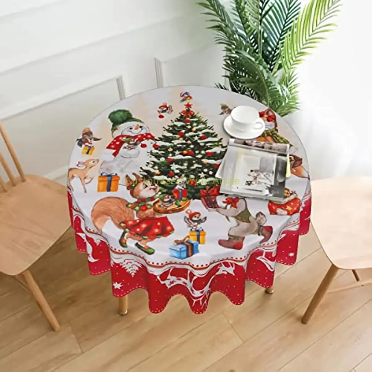 Christmas Wreath Round Tablecloth 60 Inch Xmas Tree Table Cloth Washable Polyester White Snow Table Cover Tabletop Kitchen Party