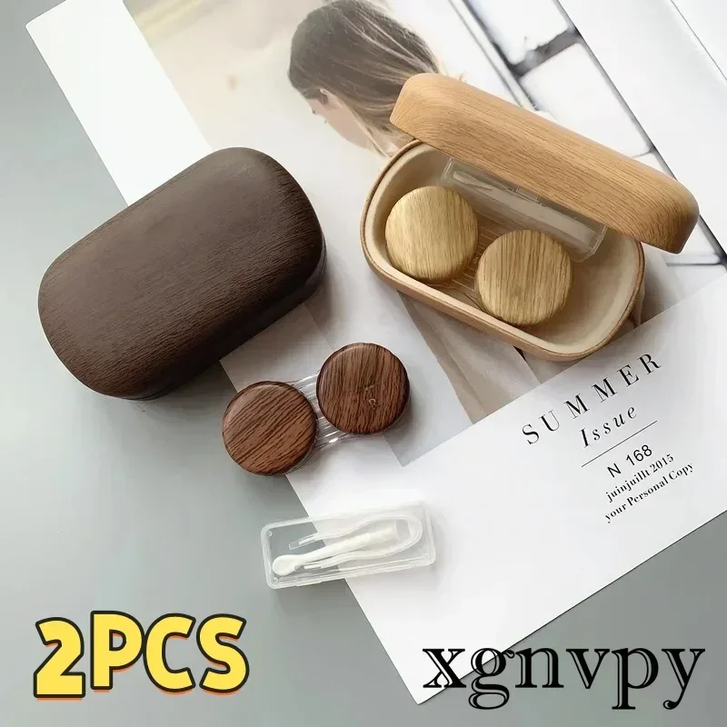 Xgnvpy 2pcs Myopia Contact Lens Vintage Leather Wood Grain Large Diameter Leakproof Storage Double Partner Simple Contact Lenses