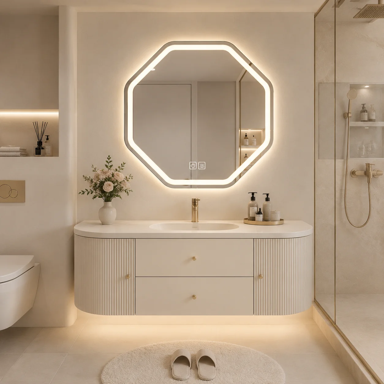 LED Vanity Mirror Octagon 50cm Anti Fog Touch Dimming 3 Color Light Wall Mounted Bathroom Makeup Mirror HD IP44