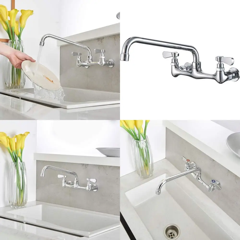 

Смеситель для коммерческой мойки с 12-позиционным поворотным изливом, 8-позиционным центральным креплением на стену, 2 ручками, полированный хром