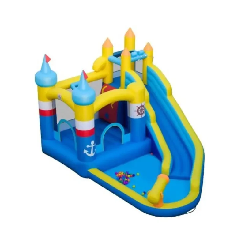 Aufblasbare Kinderburg mit Spritzbecken, Wasserkanone, Kletterwand, Bällebad, Basketballkorb ohne Gebläse, wetterfestes Oxford-PVC für Garten, Geburtstagsfeiern
