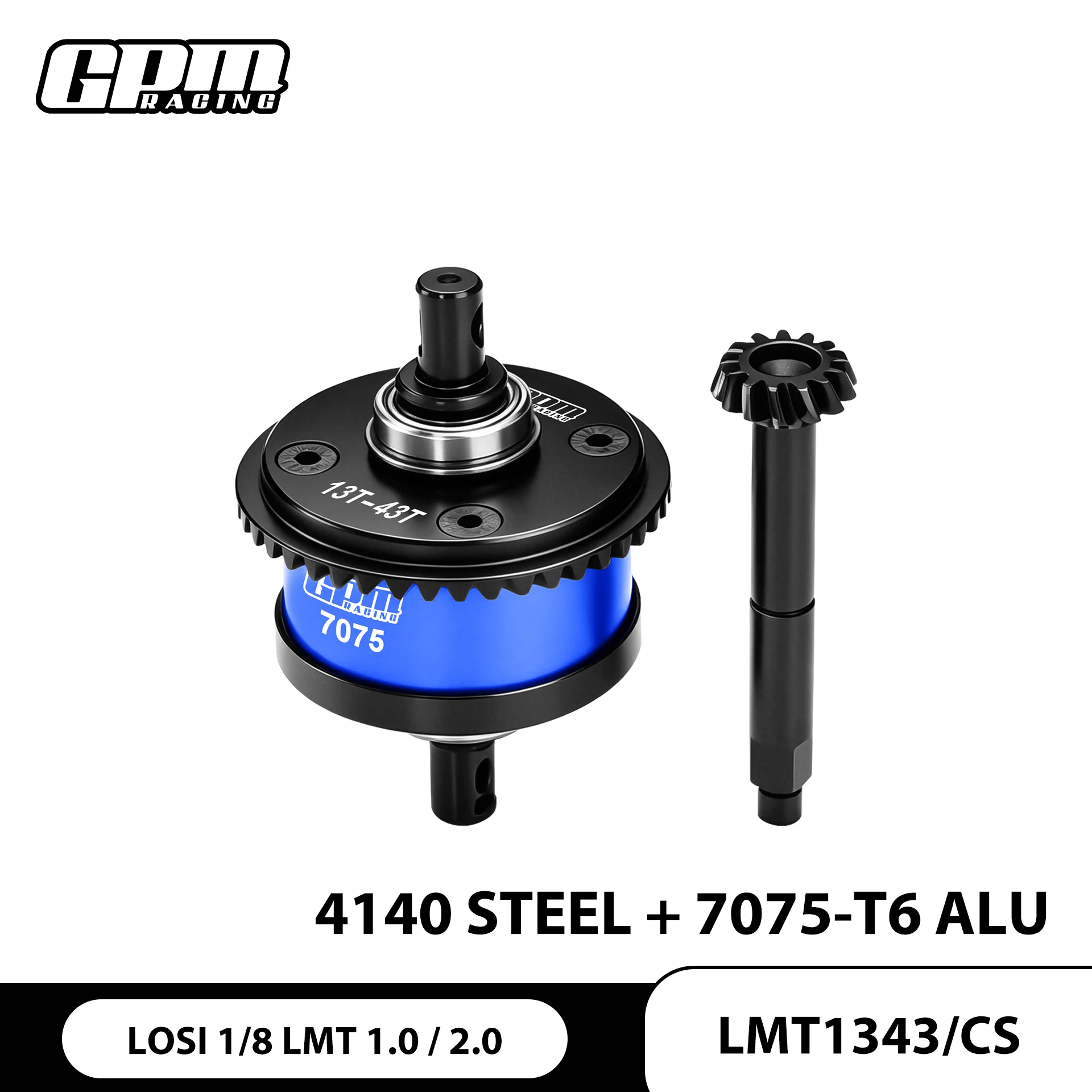 GPM 4140 STEEL + 7075 ALLOY CENTER COMPLETE DIFFERENTIAL 13/43T/1.0 MOD LOSI 1/8 LMT SOLID AXLE 4WD MONSTER TRUCK LOS04022