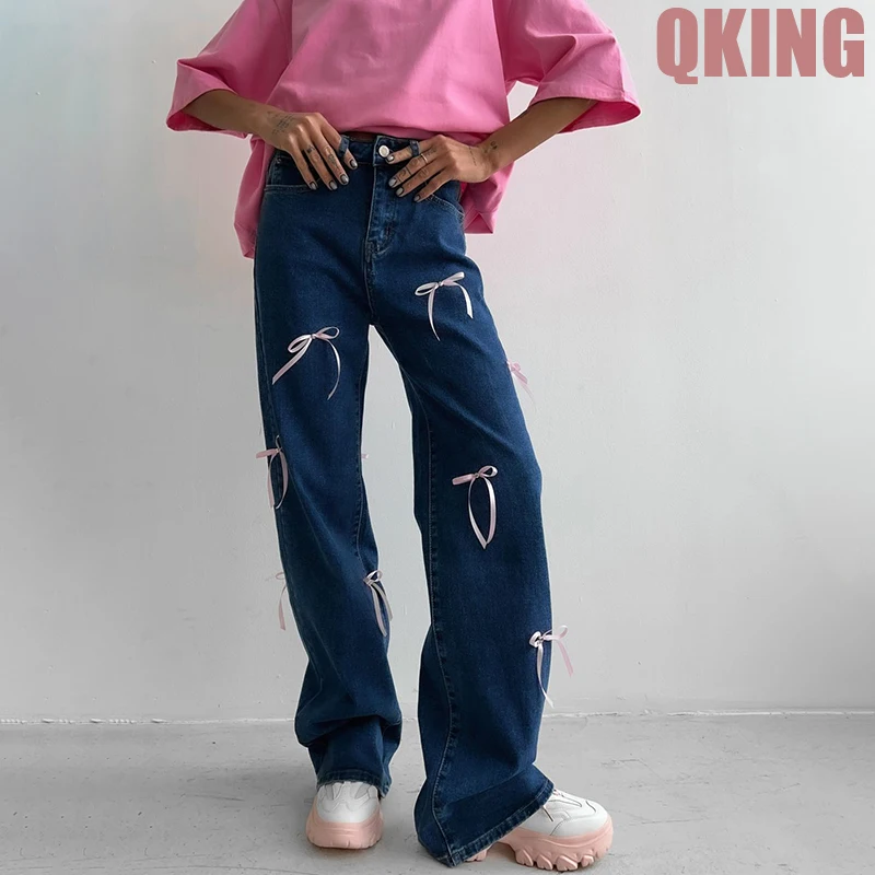 

American Retro Streetwear Bow Montage Hotsweet Jeans High Waist Straight-Leg Outdoors Motion Casual Pants