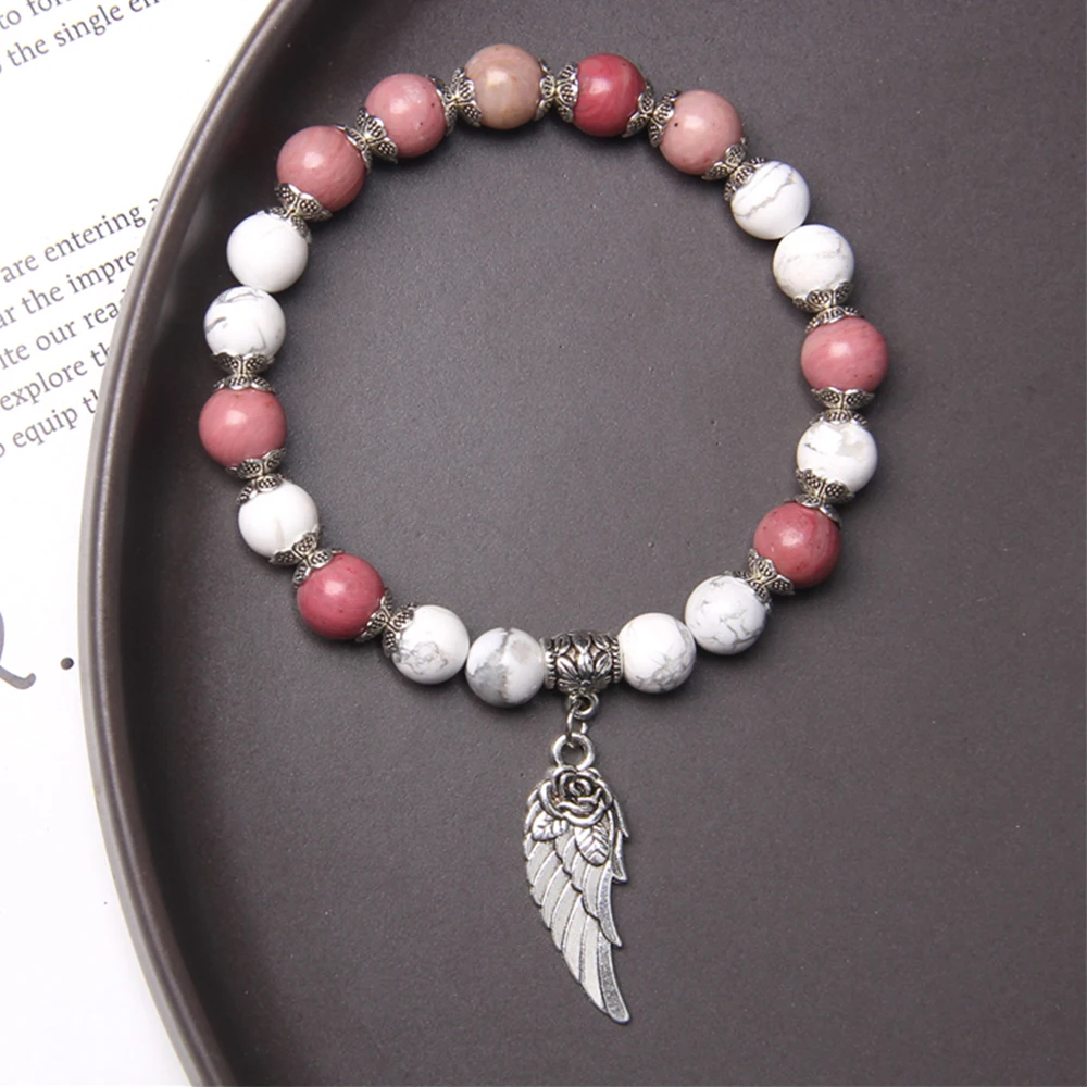 Feather Angel Wings Charm Bracelet Natural Stone Pink Rhodochrosite Rose Quartz Amethyst Beads Bracelets For Women Men Jewelry