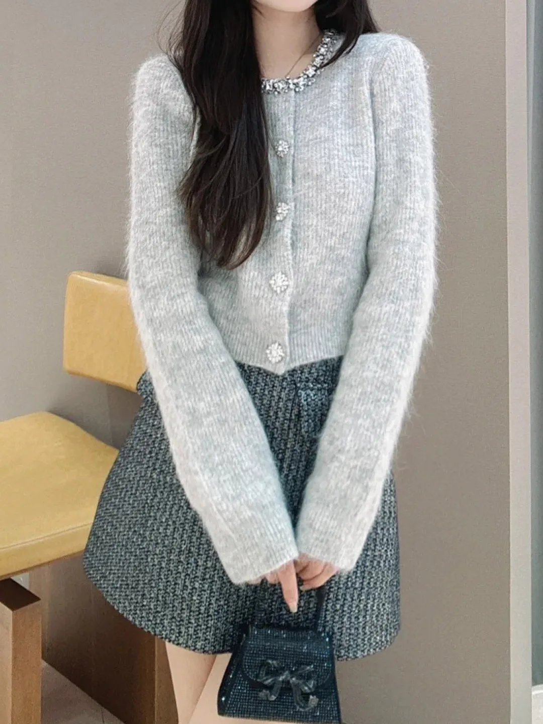 

Осенне-зимний вязаный кардиган с круглым вырезом, цветной, с ромбовидным узором, нежный, универсальный, мягкий, женский модный топ