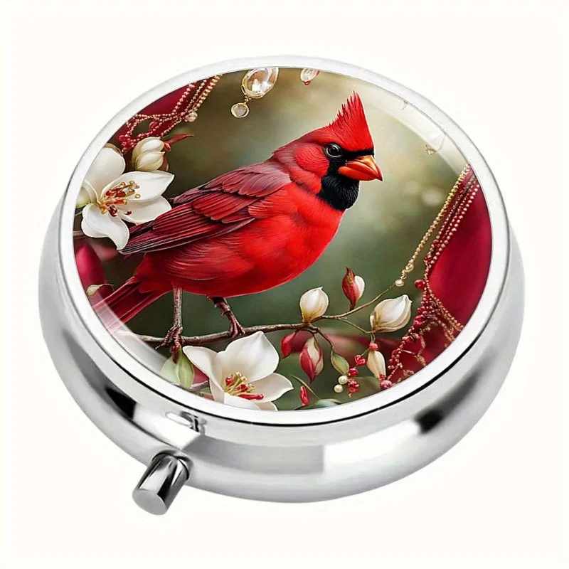 1 Red Cardinal Flower Pill Box - Three-Compartment Pill Box, Metallic Texture, Compact and Portable, Suitable for Daily Medication Use, Ideal Gift for Bird Enthusiasts (Red Cardinal Flower Design) - Food-Grade Safe Design, Portable Pill Box, Nature-Inspired Decoration, High-Quality Craftsmanship, Easy to Carry, Suitable for Medication Users
