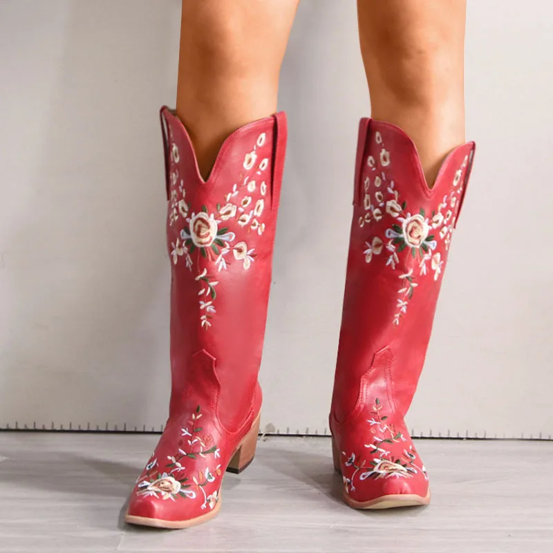 

Embroidered Flower Thick-Heeled Knee-High Boots Large-Size Soft Leather Knight Botines Slip-On Women Botas Femininas