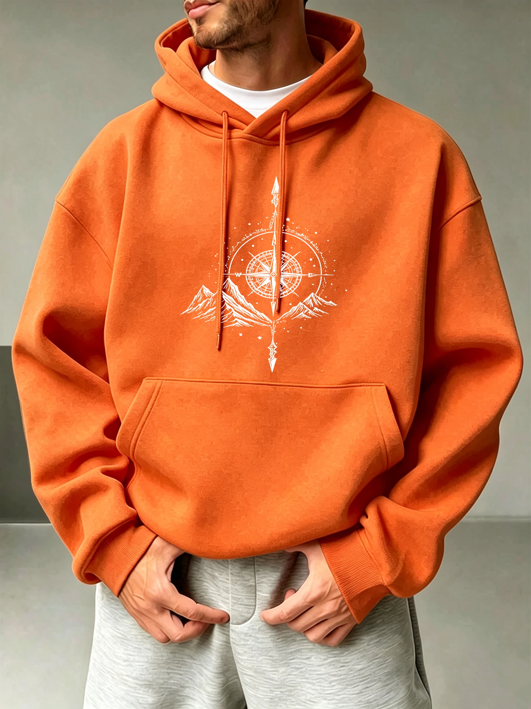 Creative Compass Mountainprint Men Loose Hoodie Pocket Office Pullover Autumn All-Match Top Casual Fleece Unisex Vintage Clothes