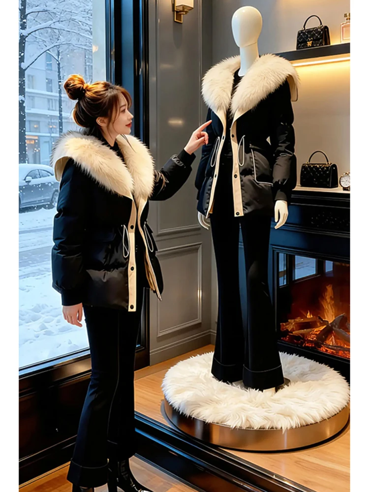 

Корейский Sle Thiened Down Jaet Красивый большой меховой воротник с застежкой на талии Зимняя теплая верхняя одежда Ele Faionable Cotton ...