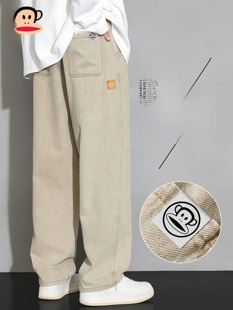 

Мужские свободные прямые джинсы PaulFrank цвета хаки, модные брендовые джинсы с широкими штанинами, весенне-осенние, из хлопкового денима, износостойкие