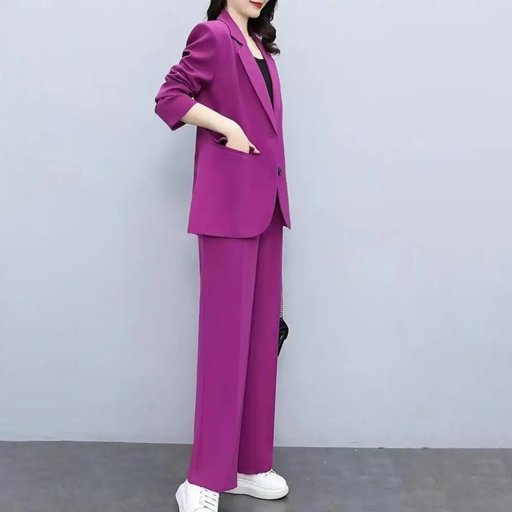 Long-sleeve Top Outfit Formal Business Style Women\'s Coat Pants Suit Set with Lapel Button Closure Cardigan Wide Leg for Work