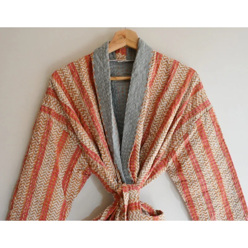 Kantha Quilt Jacket Kimono Indian Soft Cotton Dress Block Print Front Open Coat