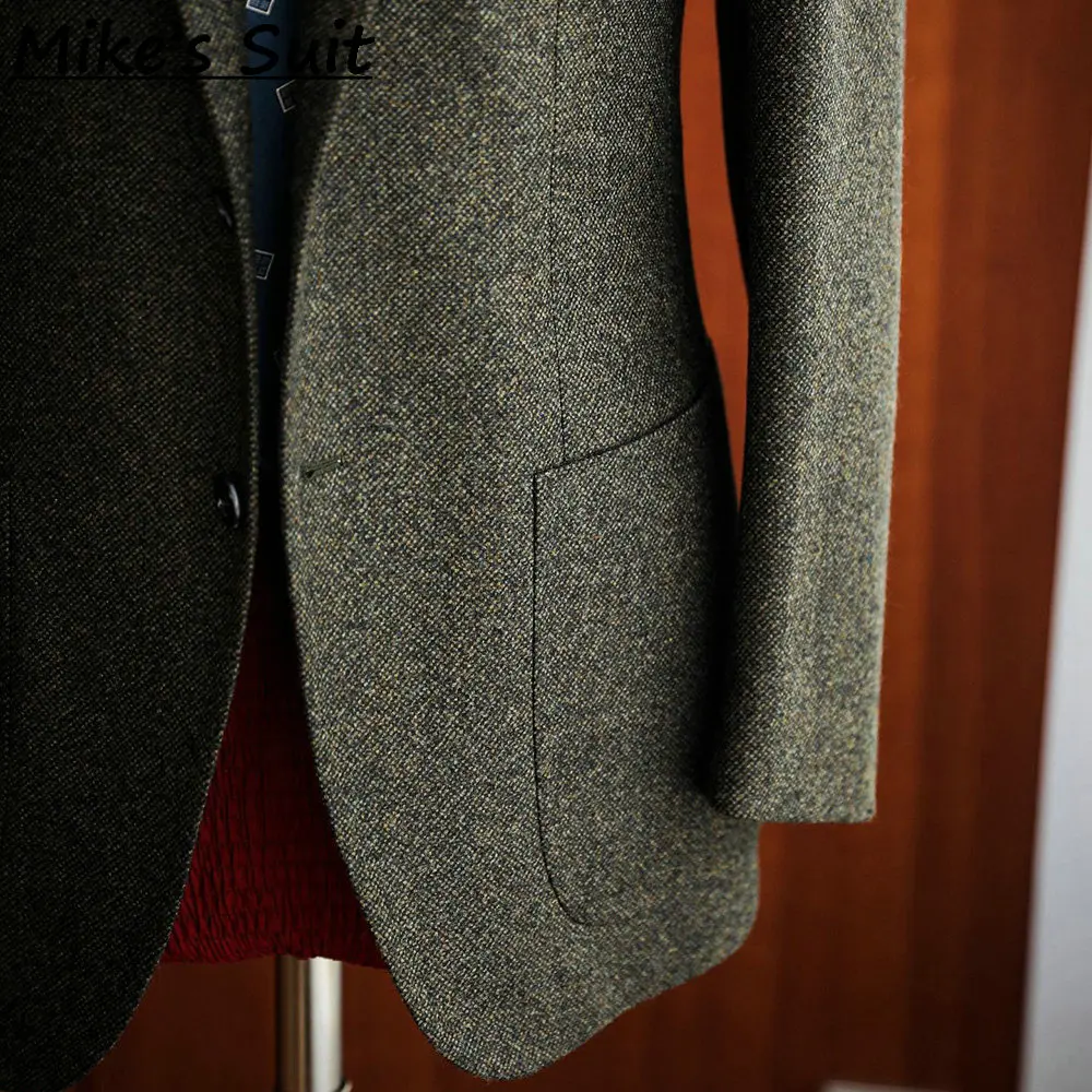 Men One Button Notch Lapel Blazer, Dark Gray Multi Fleck Speckled Wool Tweed Fabric, Country Hunting Wedding Daily Jacket