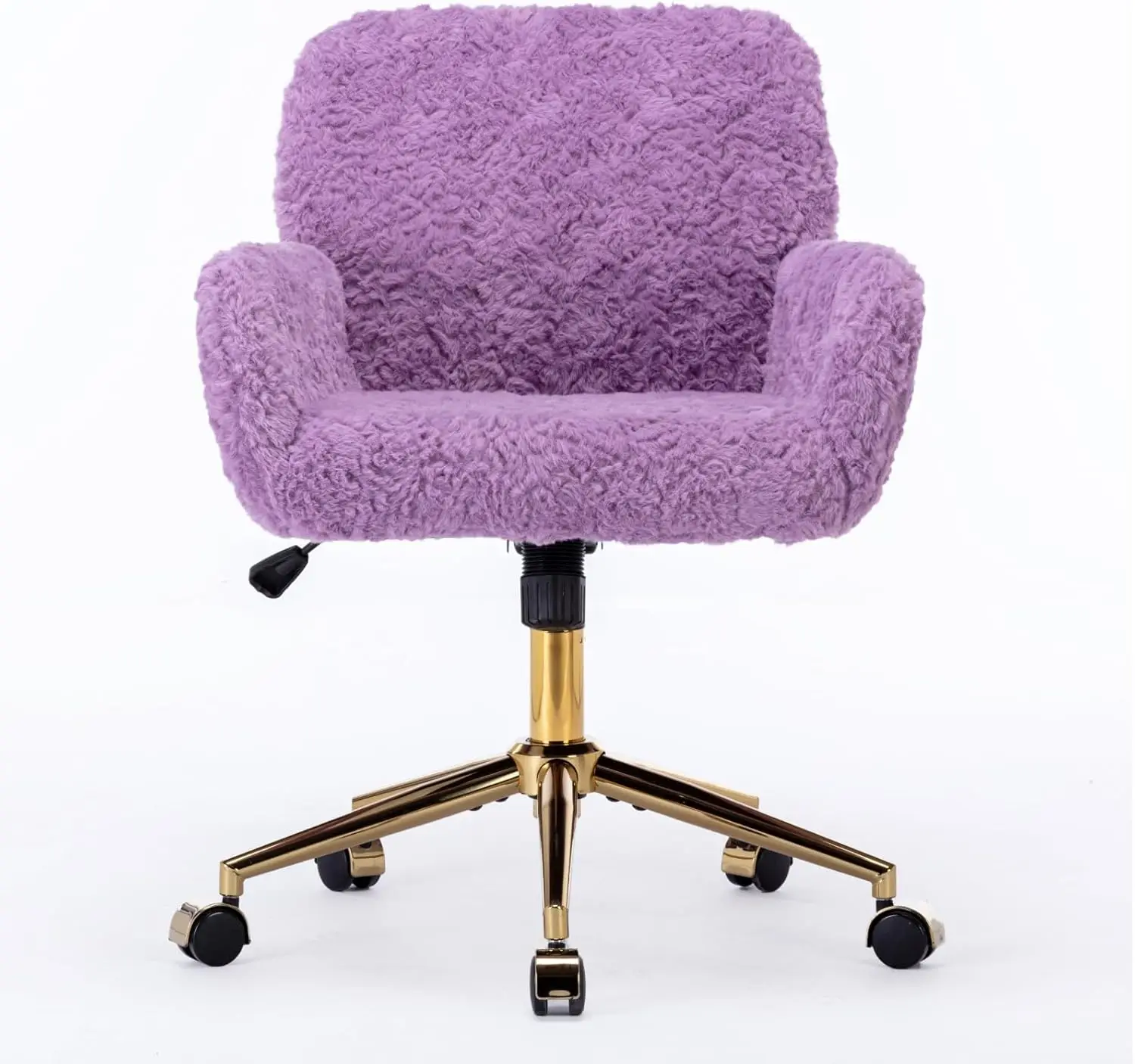 Teens Girls Women Home Office Faux Fur Makeup Vanity Chair with Violet, Wheels, Gold Base, Adjustable Swivel