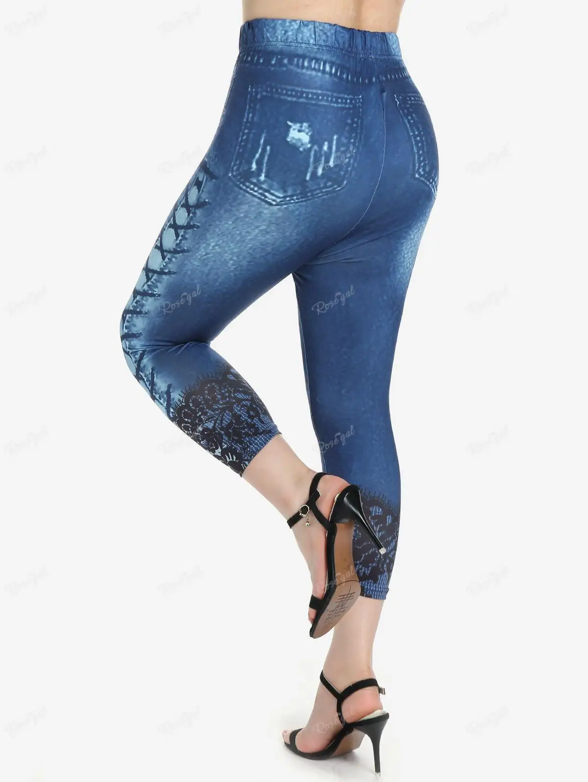 ROSEGAL Femmes Capri Leggings Mode Taille Haute 3D Denim Imprimé Crayon Pantalon S-5XL Dames D\'été Sans Couture Midi fj5XL