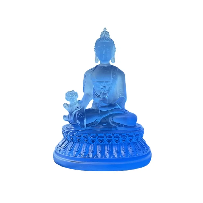 V8 Medicine Buddha Statue Home Temple Water Glazed Resin Craft Ornament Blue Tathagata Buddha