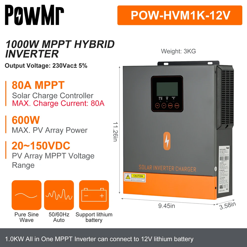 PowMr 1000W 1500W Hybrid Solar Inverter 12V 24V 220V Off Grid Pure Sine Wave Inverter Dual Output with MPPT 80A Solar Charger