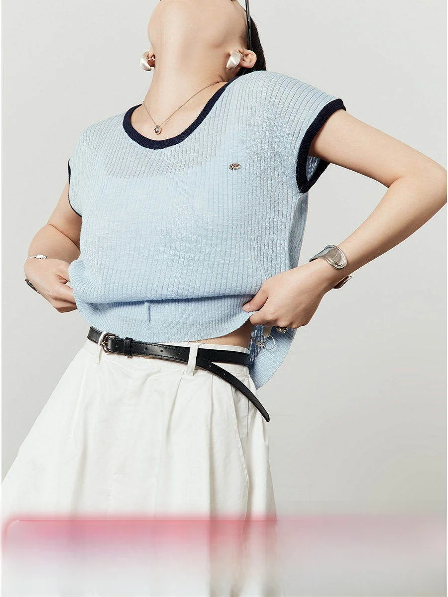 

Blue Knitted ort Sve round Ne Thin Design Women's Summer New Sle Commute Simple Loose Fit Knitwear Casual Top