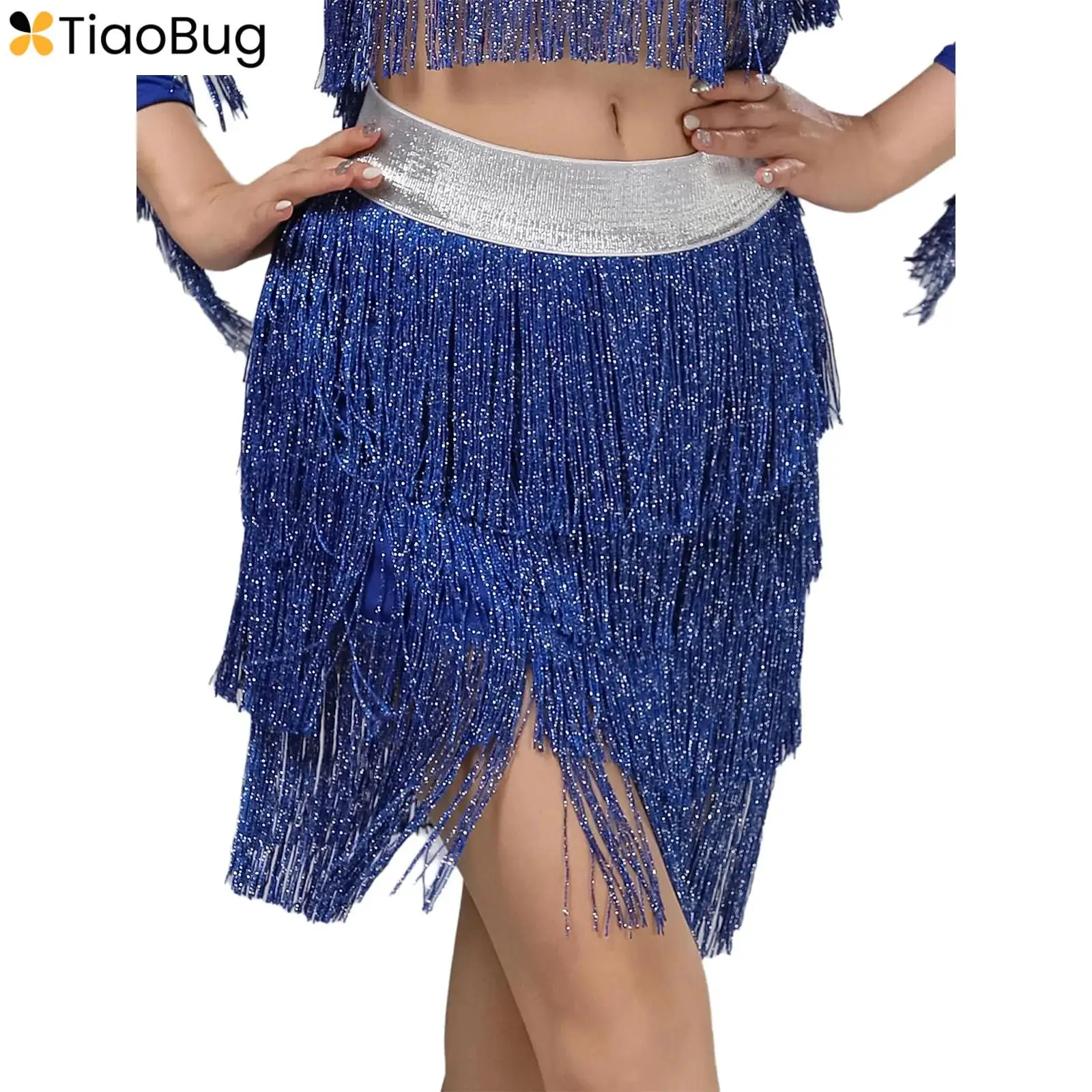

Womens Latin Tango Dance Skirt Shiny Elastic Waistband Tiered Tassel Fringe Swing Skirt for Chacha Rumba Samba Dance Costume
