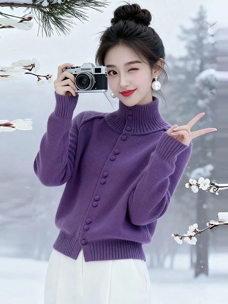 

Retro Chic Beautiful Purple High Ne Long Sve Knitted Sweater Women's Autumn Winter Sle Simple Youthful Faion Top