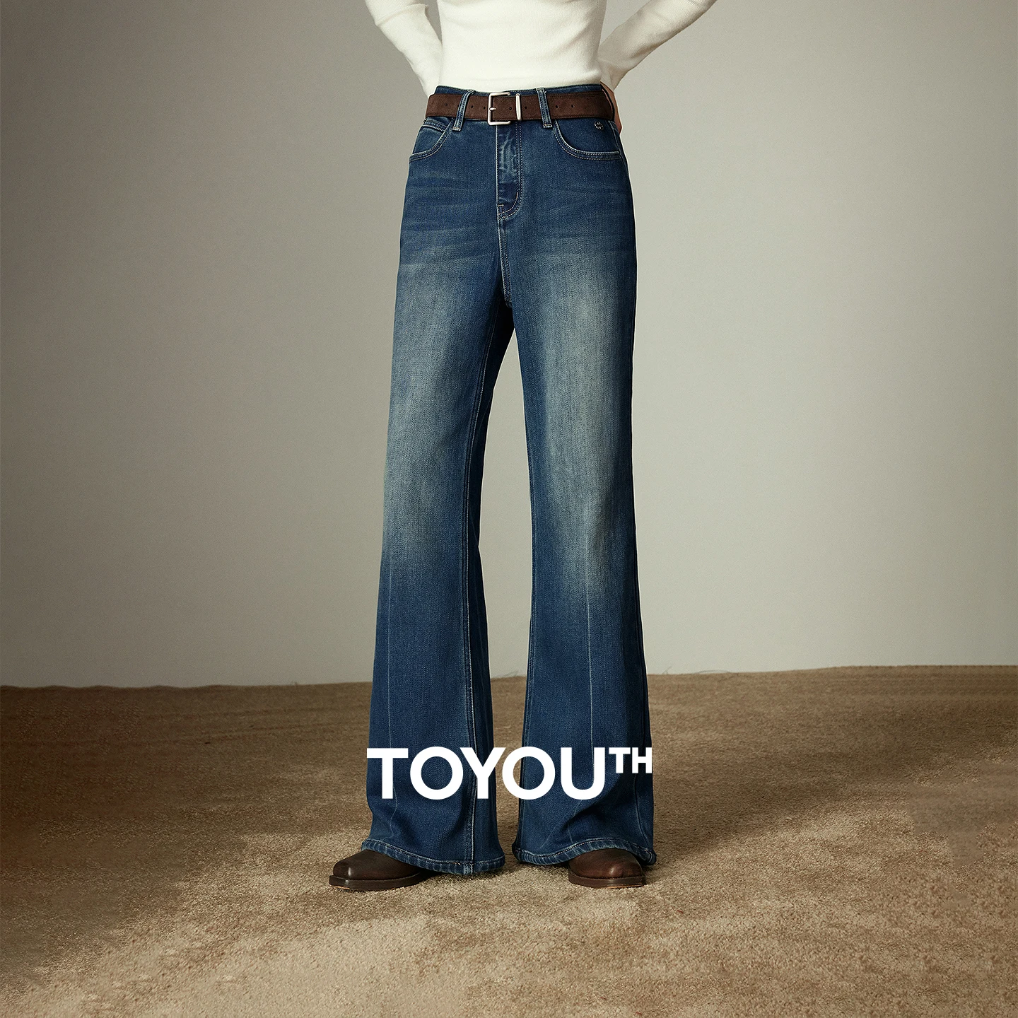 TOYOUTH Women 2025 Winter New Black Label Lycra Stretch Flare Pants Fleece Lined Mid-High Waist Trousers