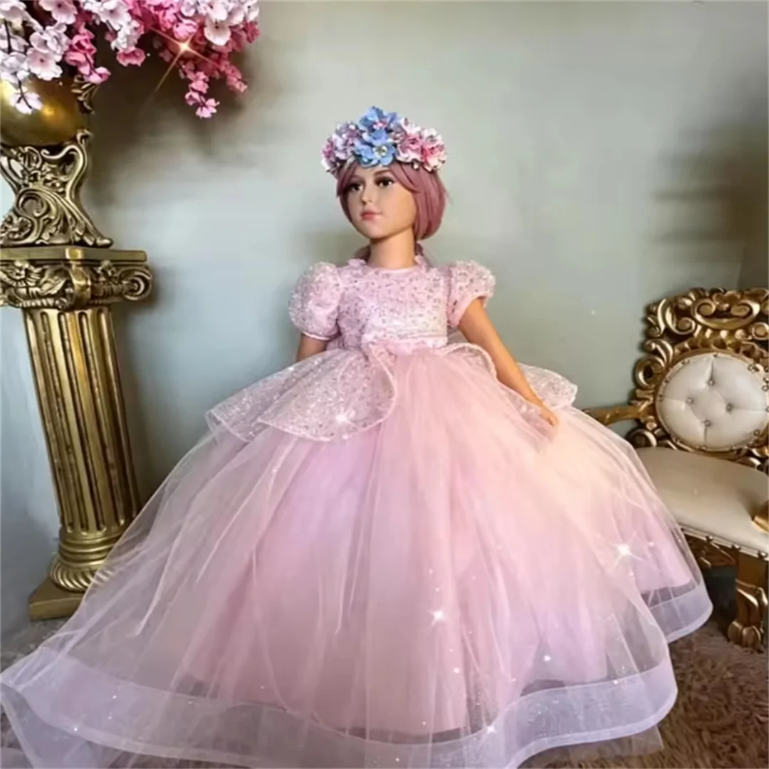 Princess Pink Flower Girl Dresses for Wedding Sleeveless with Bow Floor Length Kids Birthday Party First Communion Gown Custom