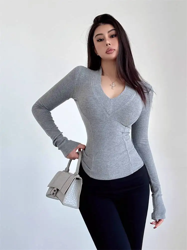 

Deep V-neck Spicy Girl Long Sleeved Shoulder T-shirt For Women, Slim Sexy Slimming, Base Shirt Top Tees Fashion Women U5LM