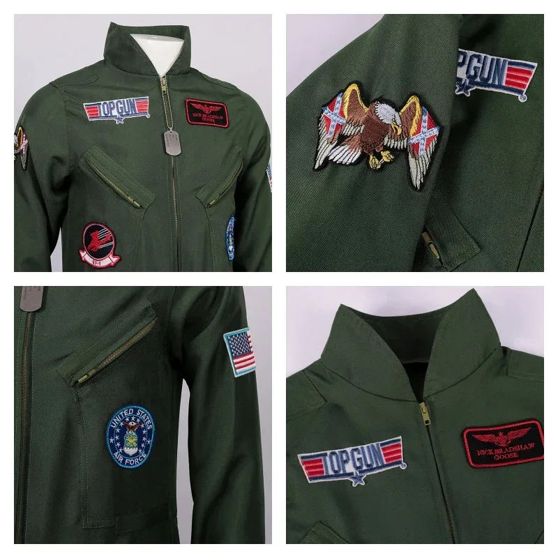 Adult Kids Pilot Costume Air Force Flight Suit Roleplay Dress Up with Aviator Accessories Men Army Green Military Pilot Jumpsuit