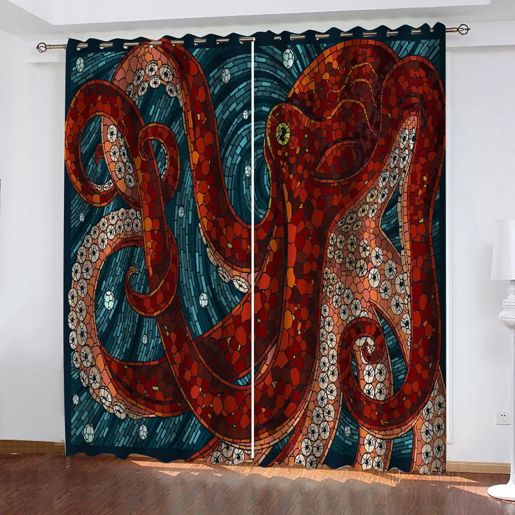 Red Octopus Sea Monster Skeleton Scary Print Two Drape Thin Window Curtains for Living Room Bedroom Decor 2 Pieces Free Shipping