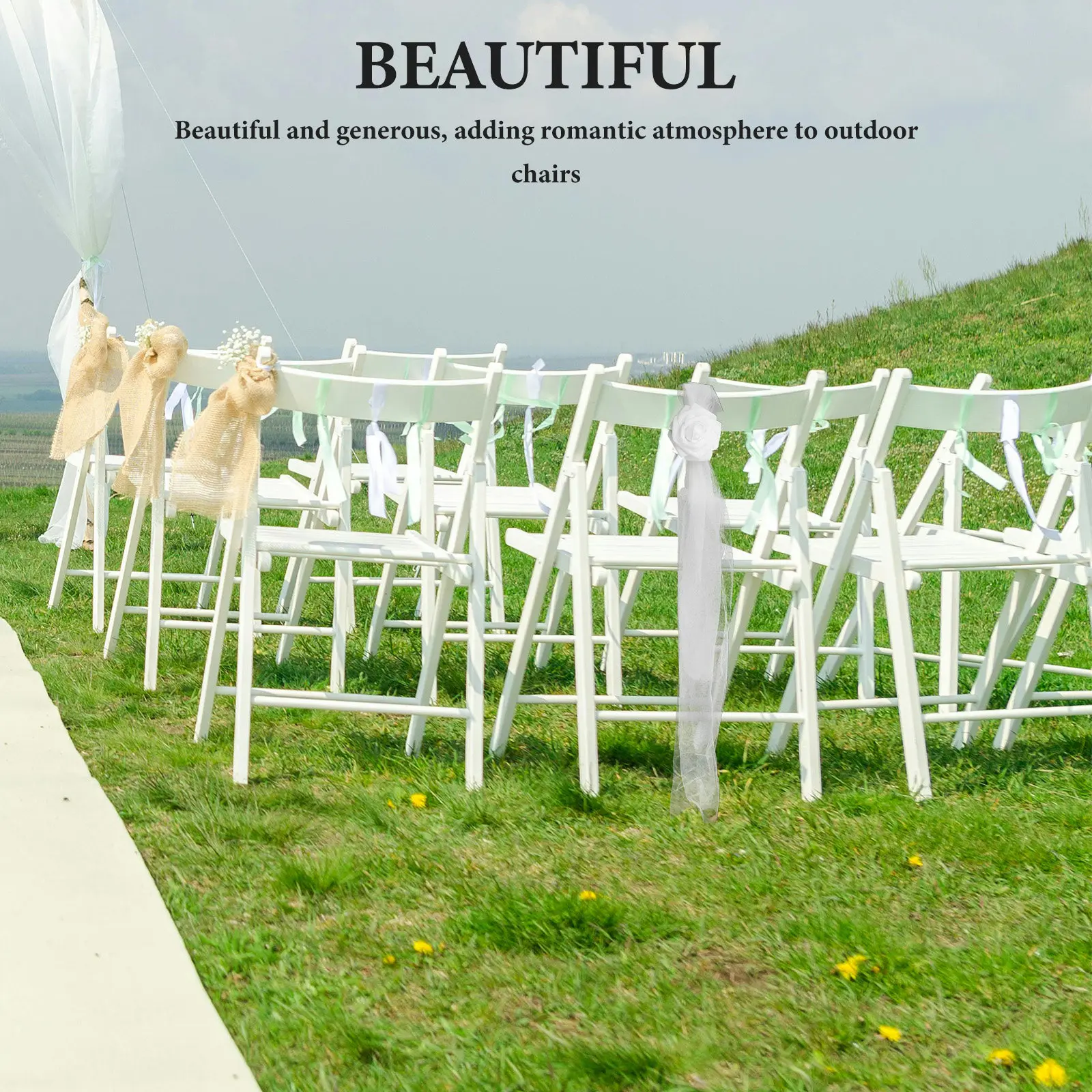 Artificial Floral Chair Sashes White Flower Tulle Tie for Wedding Church Ceremony Banquet Party Decoration Decorative Chair Bows view 5