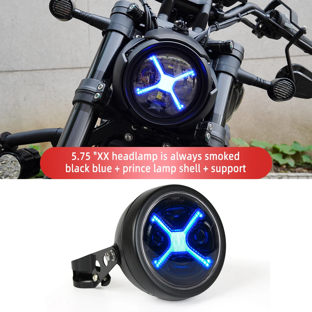 

5-3/4 5.75 inch Motorcycle LED Headlight，smoky color X Style blue DRL Headlight Kit，high/low beam，fit 32-40mm fork tube