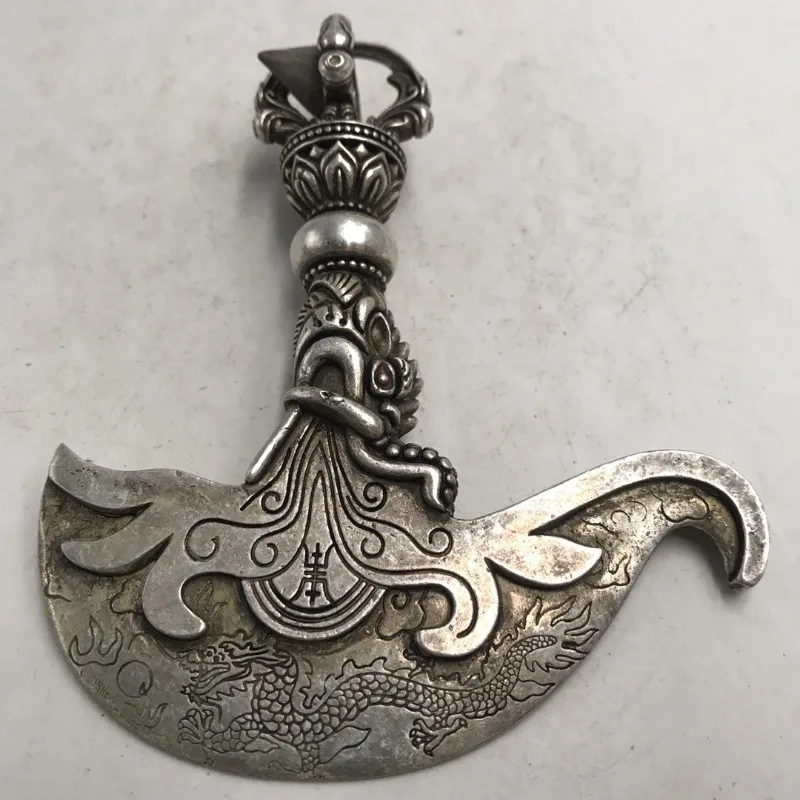 Antique Silver Metal Dragon Pattern Axe Sculpture Retro Lotus Handle Craft Ornament Oriental Desktop Decor Gift