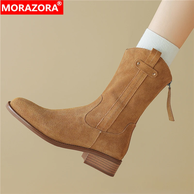 

MORAZORA/Новые ботинки до середины икры из коровьей замши размера 34–42, женские осенне-зимние ботинки в стиле вестерн на молнии на среднем каблуке, женская обувь