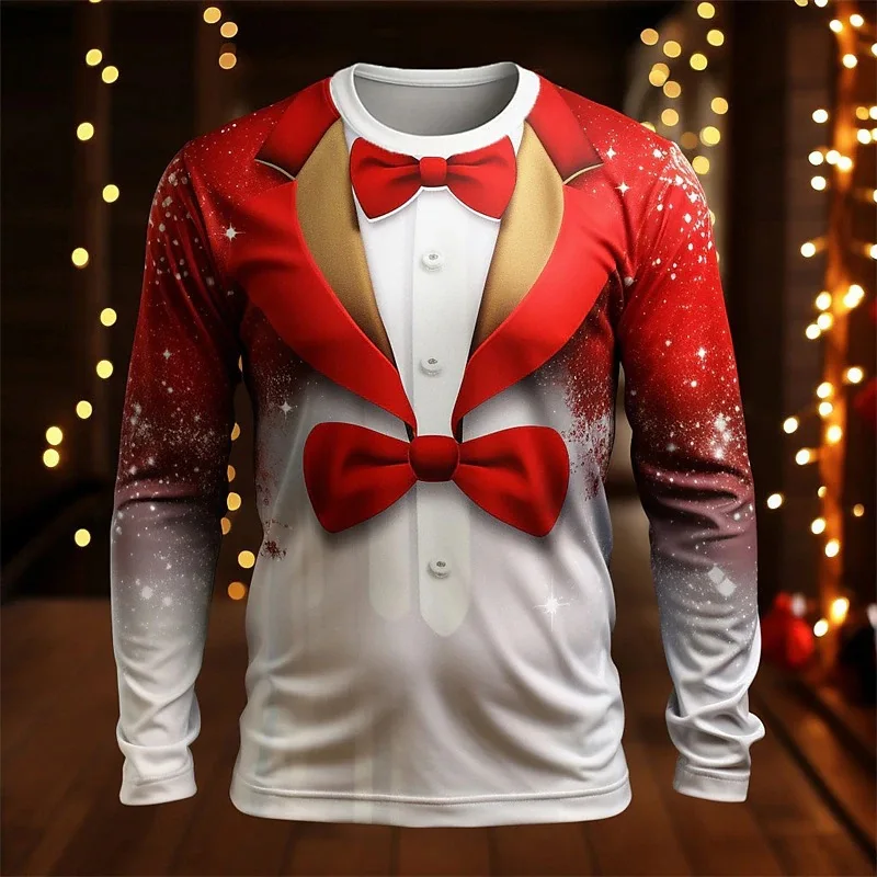 Fun Christmas Costume T-Shirts Fake Suit Tie 3D Print Men's O-Neck Long Sleeve T Shirt Harajuku Pullovers Tees Tops Kid Clothing