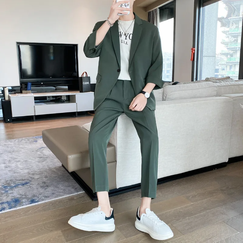 Solid Sets Men Loose Blazers Smart Casual Ankle Length Pants Normcore Classic Streetwear Aesthetic Versatile Slouchy Handsome